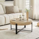 OKWISH Salontafel - Rond Design Met Houtlook Blad En Metalen Kruisframe - Voor Woonkamer Of Slaapkamer - MDF Zwart En Houtkleur - 68 x 36 cm