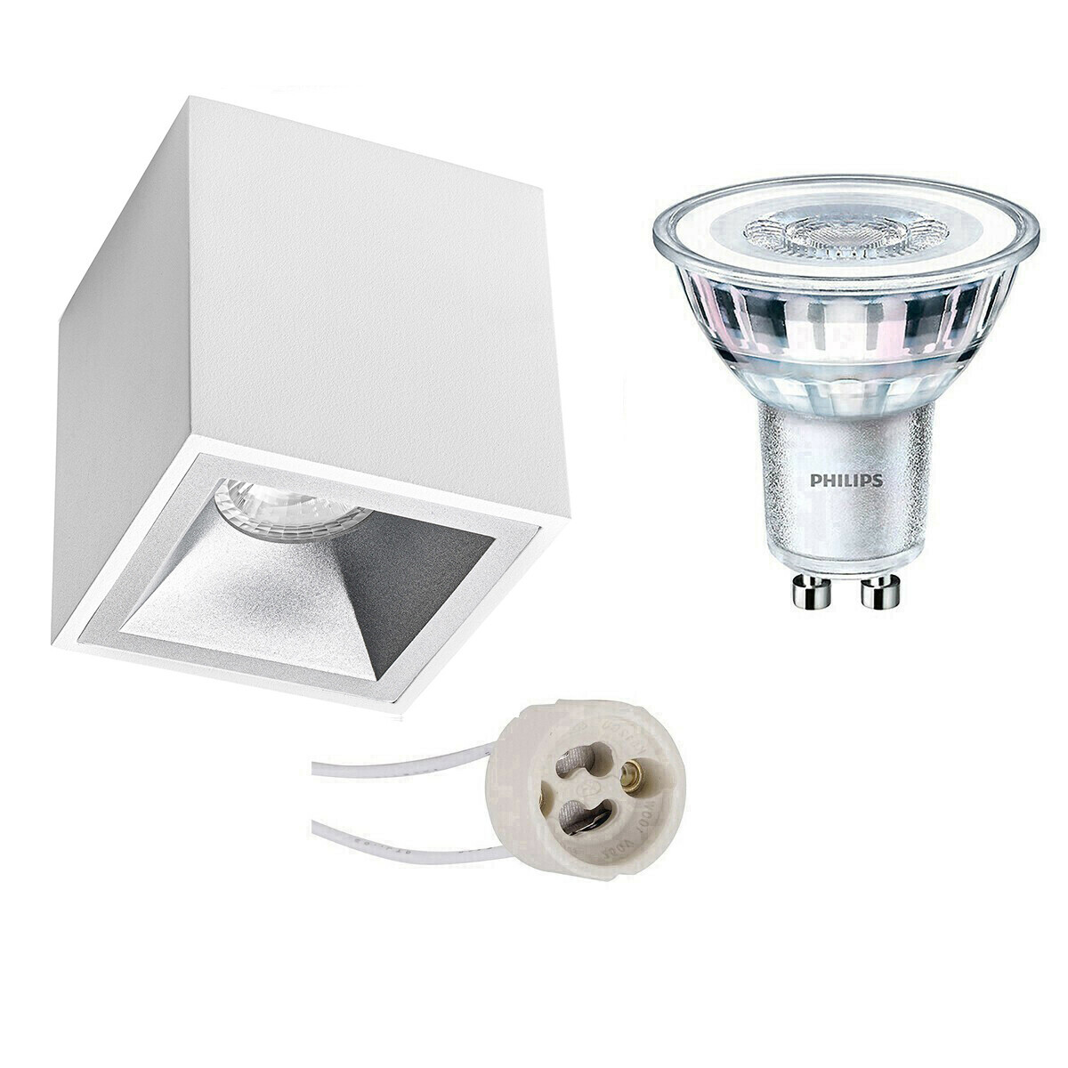 BES LED Opbouwspot Set - Pragmi Cliron Pro - GU10 Fitting - Opbouw Vierkant - Mat Wit/Zilver - Verdiept - 90mm - Philips - CorePro 827 36D - 4.6W - Warm Wit 2700K