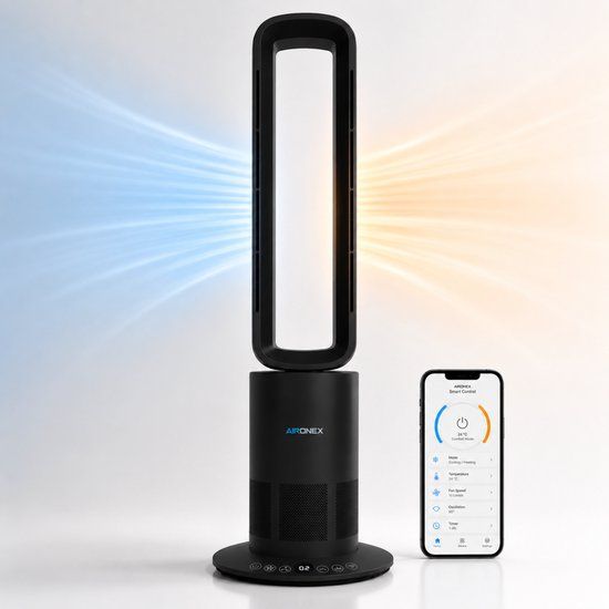 Aironex Bladloze Vloerventilator Zwart - Energiezuinig - Verwarmen en Koelen - Draaifunctie - 10 Snelheden - 66cm Hoog