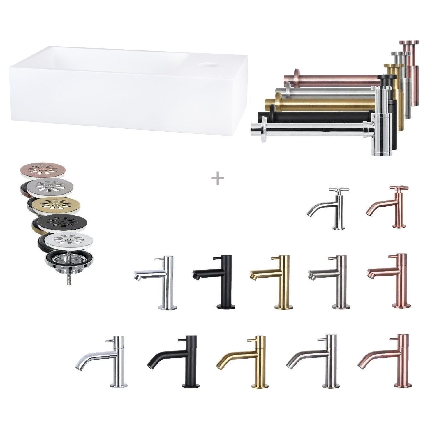 Differnz Fonteinset mix en match solid surface 36x18.5x9 cm wit (keuze uit 5 kleuren kranen)