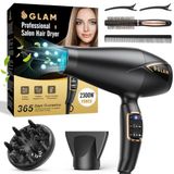 GLAM Professionele haardroger, 2300 W, krachtige AC-motor, sneldrogend, ionisch, met 2 snelheden, 3 verwarmingen, Cool Shot-knop met 1 diffuser en 1 concentrator voor meerdere kapsels