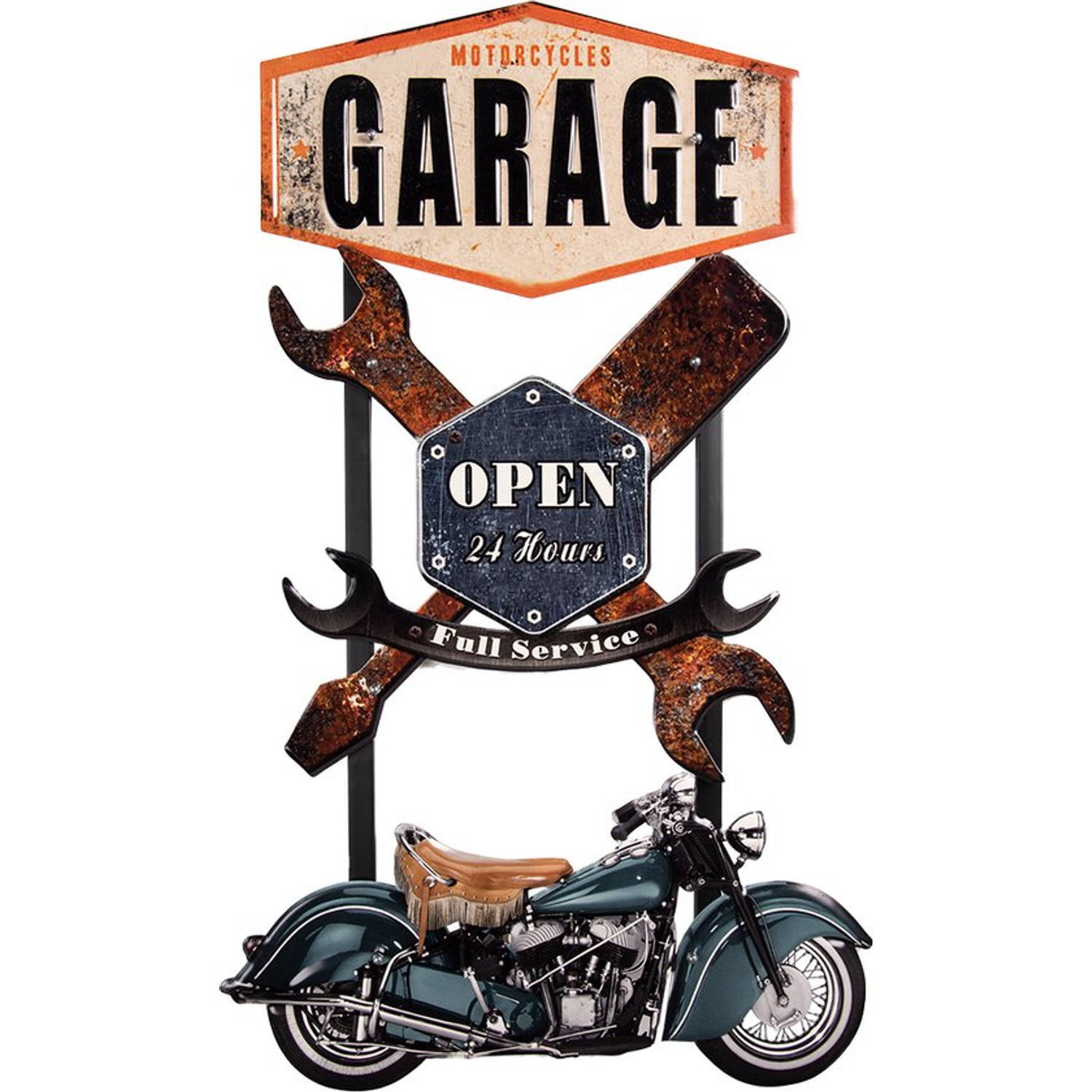 Clayre & Eef wanddecoratie motor 50x84 cm bruin blauw ijzer motorcycles garage muurdecoratie wandversiering tekstbord