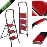 KADAX Inklapbare stalen ladder, 3-traps trapladder met antislip treden, draagvermogen tot 150 kg, zwart-rood, met klapbeveiliging en leuning