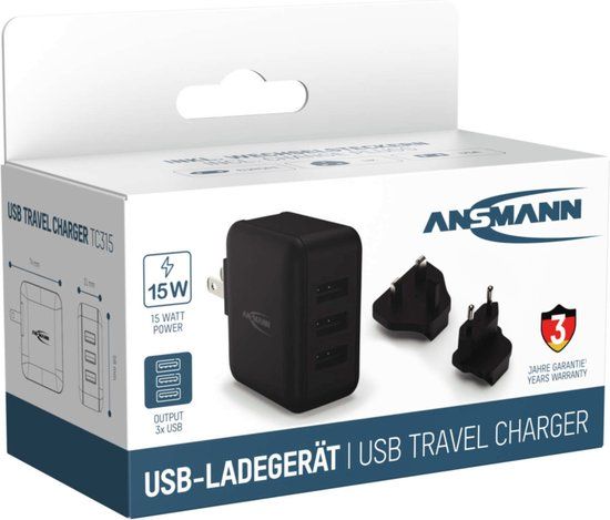 Ansmann TC315 USB Reisstekker - Zwart