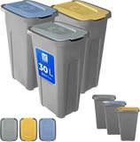 KADAX Set de poubelles pour tri des déchets, 3 x 30 litres, plastique avec couvercle à rabat (jaune, vert, bleu)