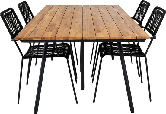 Hioshop Chan tuinmeubelset tafel 100x200cm en 4 stoel armleuning Lindos zwart, naturel.