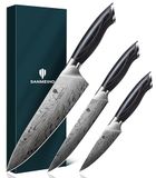 SANMEIHO Keukenmessenset 3-delig van gepoedercoat staal – Japanse messenset 63 HRC, ultrascherp lemmet 12°, met Pakkawood handgrepen (kok, kantoor en dunschiller)