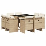 vidaXL 9-delige tuinset met kussens, beige, van polyrotan