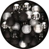 Merkloos / Sans marque Kleine kerstballen - 28x st - zwart en zilver - D3 cm - kunststof - kerstversiering
