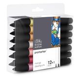 Winsor & Newton 0290143 Promarker, professionele layoutmarker - 2 punten, fijn en breed voor tekeningen, ontwerp en lay-outs - Set 12 Promarker, Manga Steampunk