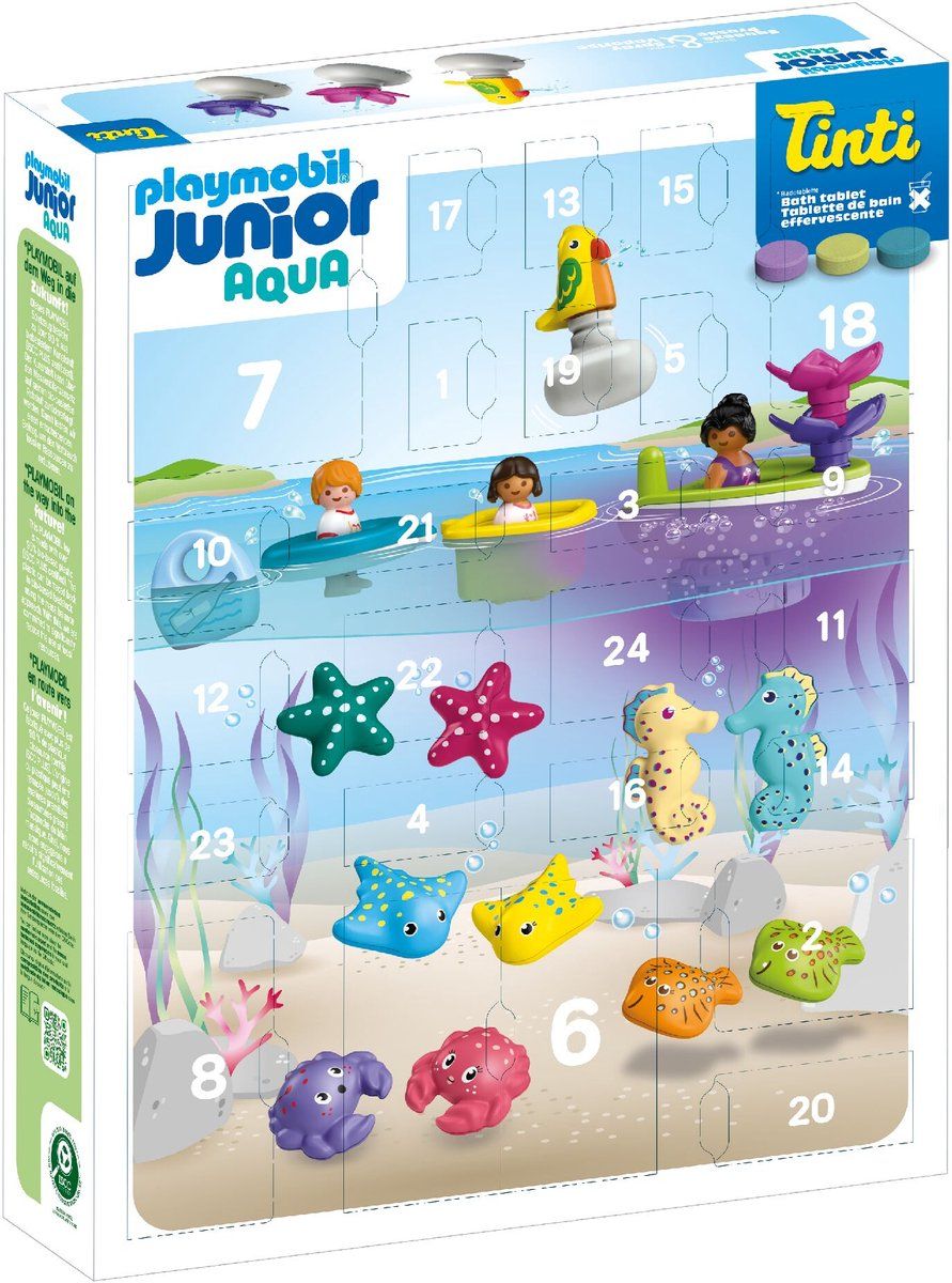 PLAYMOBIL Junior & Tinti Adventskalender met kleurrijk badplezier, duurzame adventskalender met waterspeelgoed, dagelijkse verrassingen voor kinderen vanaf 1 jaar, perfect kerstcadeau