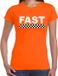 Bellatio Decorations Icecat Fast coureur supporter / finish vlag t-shirt oranje voor dames - race autosport / motorsport thema / race supporter met finish vlag L