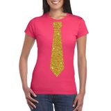 Bellatio Decorations Roze fun verkleed t-shirt - met stropdas - in glitter goud - dames - korte mouwen XL