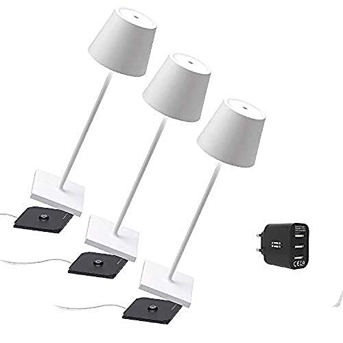 Zafferano LD0340B3, Set van drie 3x Poldina Pro looplamp en 1 Aiino dubbele USB lader voor gelijktijdig opladen van lamp/smartphone, dimbare LED touch, IP54, contact laadstation, H38 cm, Wit