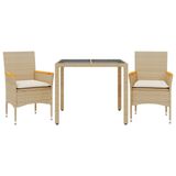 VidaXL 3-delige Tuinset met kussens, poly rattan en glas, beige