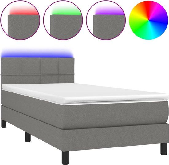vidaXL Boxspring met matras en LED stof donkergrijs 90x200 cm