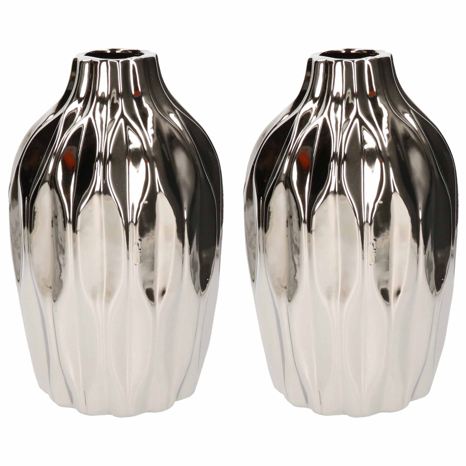 Bellatio Flowers & Plants Junas Ceramic Vase Set - Silver - 15 x 25 cm - 2 Pieces