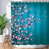 LIVILAN Kersenbloesem douchegordijn Japans douchegordijn met 12 haken, groenblauw en roze, 182 cm B x 183 cm H