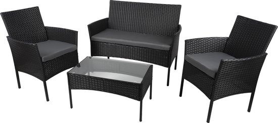 Lifetime Garden Tuinset - Berlijn Loungeset - 4 Stuks - Tuinstoelen, Loveseat en Tafel - Rotan - Zwart - Tuin, Balkon en Terras