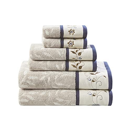 Madison Park Madison Park Serene 100% katoenen badhanddoekenset luxe bloemen geborduurd katoen jacquard ontwerp, zacht en zeer absorberend voor douche, meerdere maten, marineblauw, 6-delig