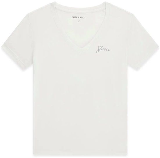 Guess T-shirt dames New Vn Mini Logo V-hals Korte mouw Katoen Regular Fit Zuiver wit S