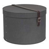 Bigso Box of Sweden Set van 2 opbergdozen met deksel, ronde opbergbox met leren riem, grote en kleine hoedendoosjes van vezelplaat en papier in linnenlook, zwart