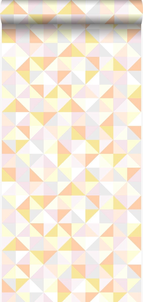 Origin Wallcoverings behang driehoekjes poederroze, pastel perzikoranje, pastel geel, licht warm grijs en glanzend goud - 337211 - 53 cm x 10,05 m