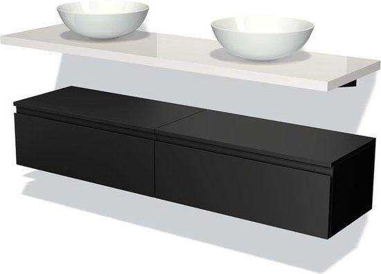 Maxaro Badkamermeubel Modulo Plato 160 cm Mat Zwart 2 Lades Greeploos Hoogglans Wit