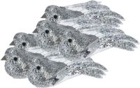 Merkloos Kerstboomversiering Vogel - 6x stuks - 10 cm - Zilver glitter - op clip - ornament
