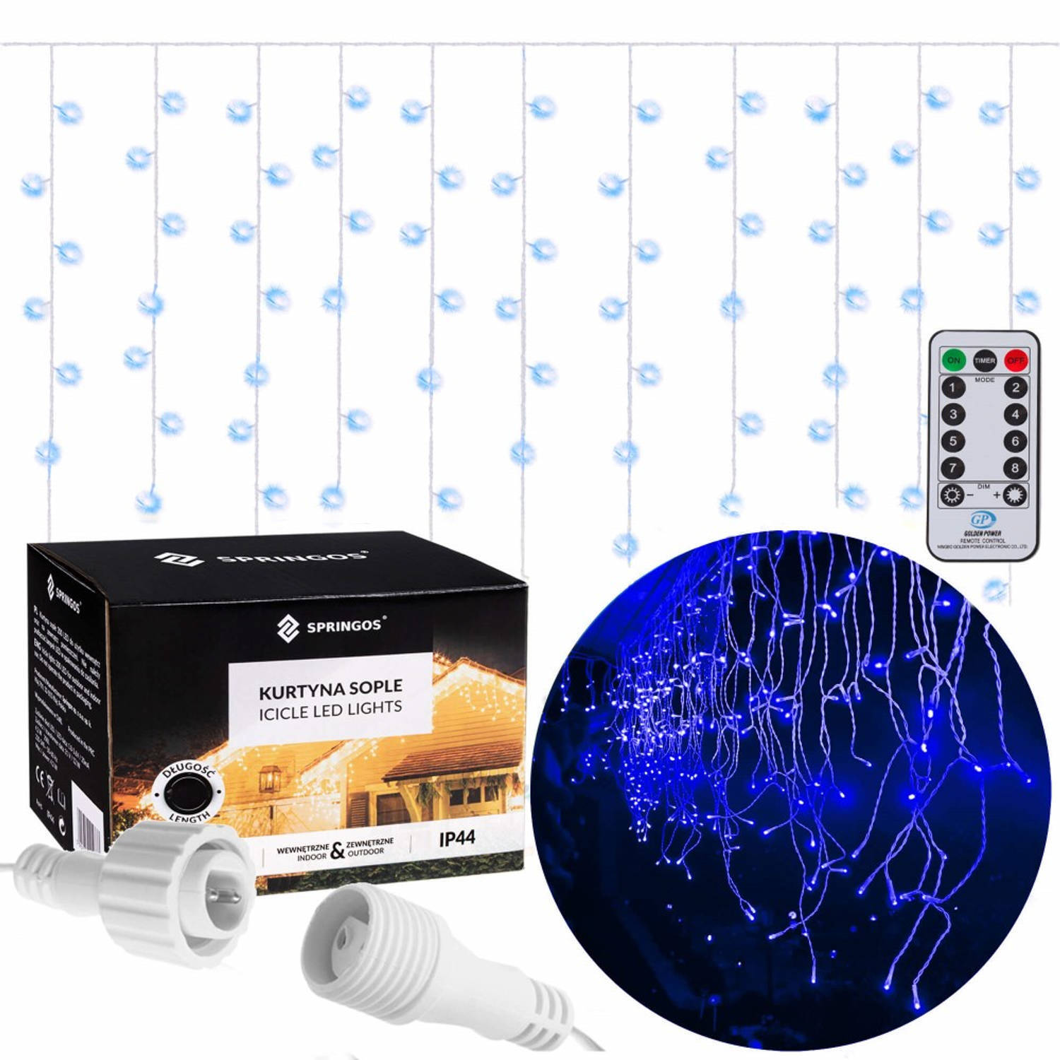 springos IJspegel Verlichting Buiten | IJspegel Verlichting | Kerstverlichting Buiten | 12 m + 2.5 m Snoer | Connectable | Inclusief Afstandsbediening | 300 LED | Blauw