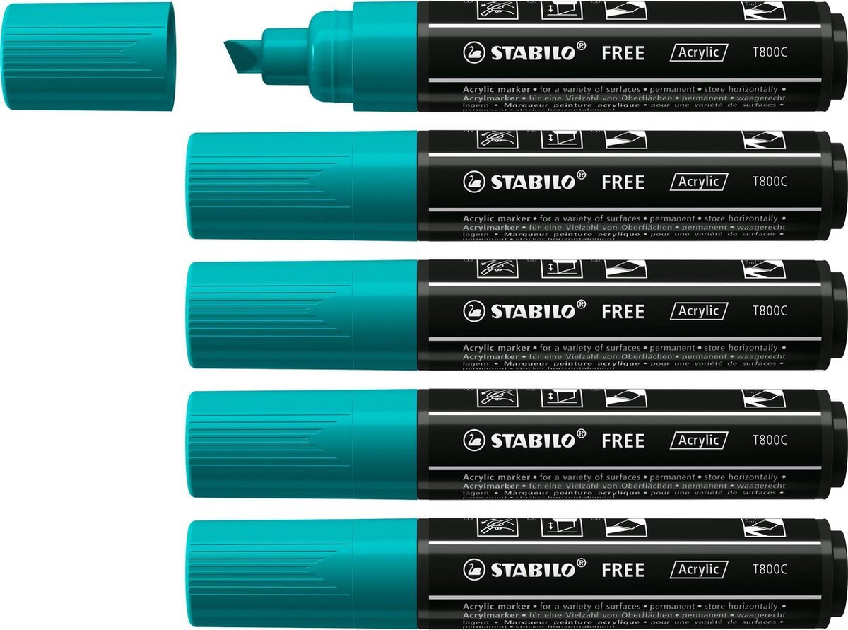 Stabilo FREE - Acryl Marker - T800C - Schuine Punt - 4-10 mm - Turquoise Groen - Doos 5 stuks