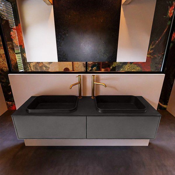 Mondiaz ERIN 150cm badmeubelset onderkast Dark grey met 2 lades + Wastafel RIDGE dubbel 2 kraangaten Urban ERIN11014