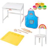 roba x Play-Doh Schoolbureau en stoel + 6 potten boetseerklei, 3 gereedschappen van FSC hout, BPA-vrije 3D-mat en waterdicht schort - creatieve vrijetijdsset voor kinderen vanaf 3 jaar