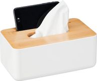 Merkloos Relaxdays tissue box - met telefoonhouder - bamboe deksel - 10x23x13 cm - kunststof - wit