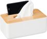 Merkloos Relaxdays tissue box - met telefoonhouder - bamboe deksel - 10x23x13 cm - kunststof - wit