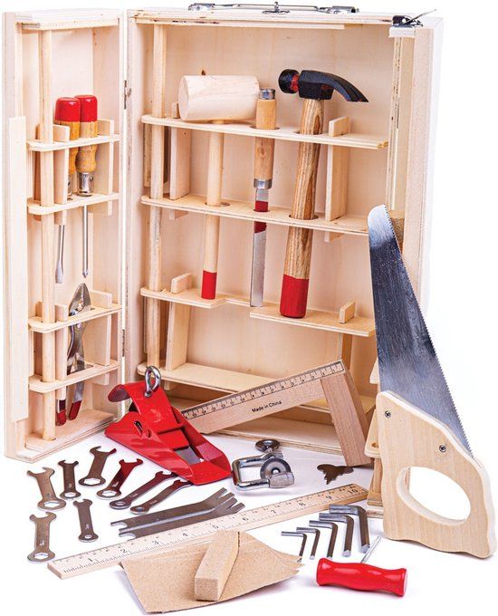 BigJigs Gereedschapskist - Speelgoed gereedschap - Hout - 28-delig - Multicolor