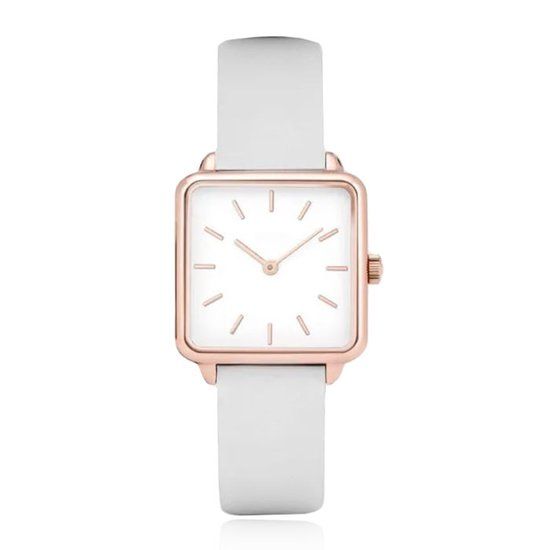 LGT JWLS Dameshorloge 'Square' - Witte Lederen Band, Wit Uurwerk, Rose Gouden Kast