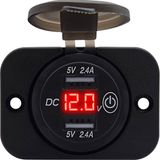 ProRide 12V USB Stopcontact 2 Poorten Inbouw met Schakelaar/Voltmeter - Rood