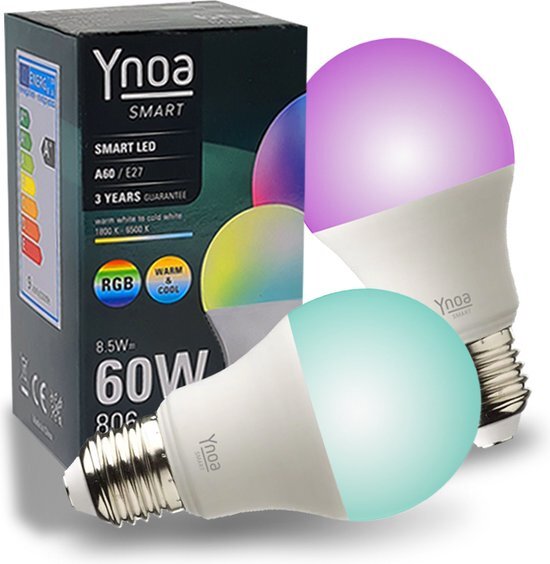 Ynoa Set van 2 Smart Lampen White & Color Tones - E27 LED lamp - Zigbee 3.0 - Dimbaar - RGBW - Werkt met o.a. Philips Hue en Homey