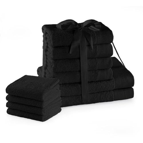 AmeliaHome handdoekenset zwart 4 gastendoekjes 30x50 cm 4 handdoeken 50x100 cm en 2 douchehanddoeken 70x140 cm 100% katoen kwaliteit absorberend Amari
