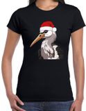 Bellatio Decorations Kerst T-shirt voor dames - Ooievaar met kerstmuts - Zwart - Maat M