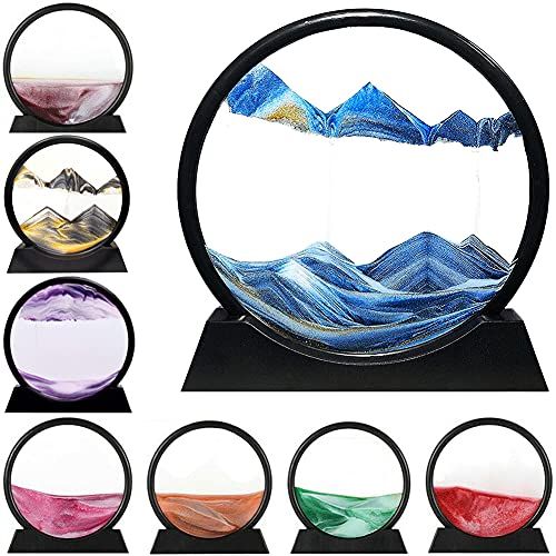 LINPING Stromend zand schilderij, bewegend zand kunst foto 3D rond glas Diepzee zand landschap in beweging display Flödande sandmålning, (7 inch, blauw)