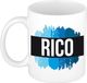 Bellatio Decorations Rico naam cadeau koffie mok - beker - met blauw verfstrepen - Cadeau collega - vaderdag - verjaardag - meester - coach - 300 ml - wit