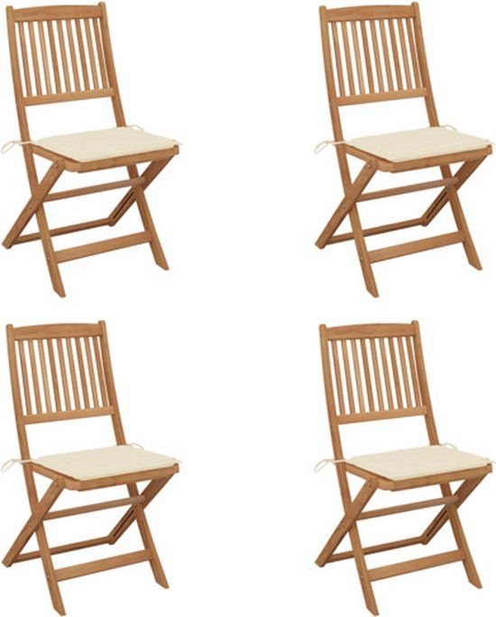 vidaXL Set van 4 klapstoelen met kussens, massief acaciahout, crème
