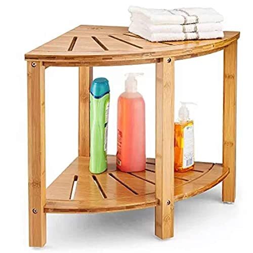 BAKAJI Hoekkruk voor badkamer, douche van hout, multifunctionele hoektafel, met dubbele plank, handdoekhouder, modern design, 40 x 40 x 43 cm, kleur natuur