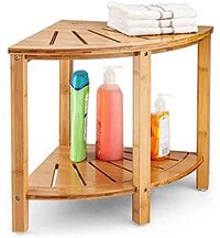 BAKAJI Hoekkruk voor badkamer, douche van hout, multifunctionele hoektafel, met dubbele plank, handdoekhouder, modern design, 40 x 40 x 43 cm, kleur natuur