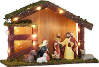 HI Crèche illuminée - Porcelaine/Mousse/Bois - 30 x 10 x 20 cm - Incl. 9 Statuettes/Figurines
