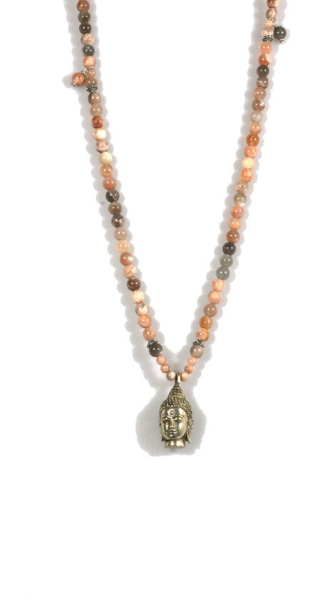 Heaven Eleven - dames ketting - ibiza - kralenketting natuursteen zonnesteen - zilverenkleurige/koperen buddha hoofd - 100cm