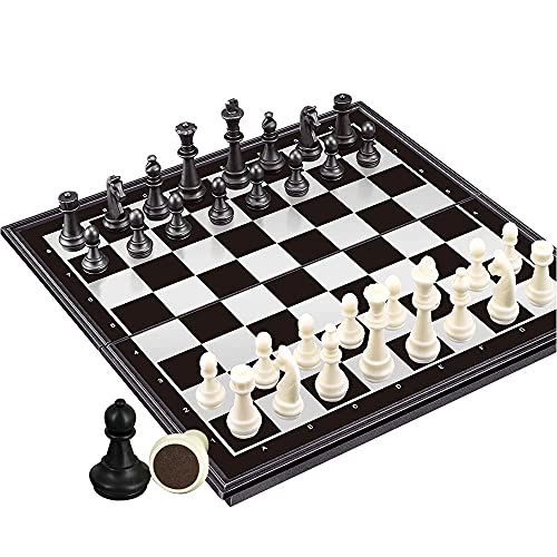 WEofferwhatYOUwant 3 in 1 schaakdammen Backgammon Set, magnetische schaken reismagneet schaken met vouwkoffer 9.8" - 4897108290145