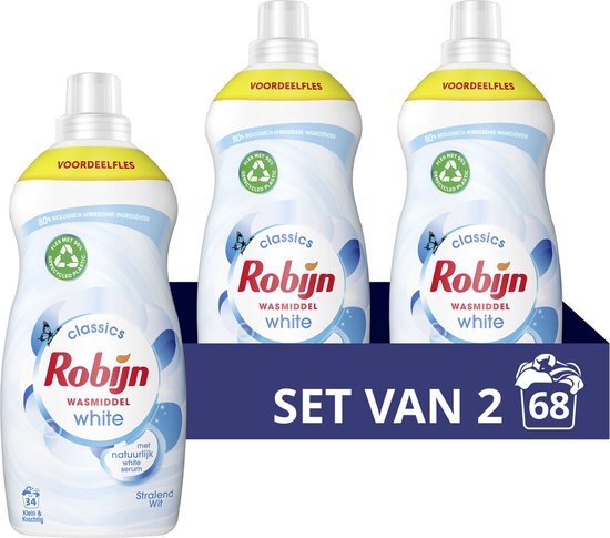 Robijn Klein & Krachtig Stralend Wit Vloeibaar Wasmiddel - 2 x 34 wasbeurten - Voordeelverpakking